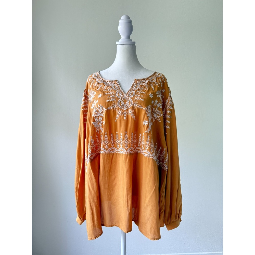 Savanna Jane Sz 2X Embroidered Peasant Boho Top Mustard Yellow Tunic Long Sleeve